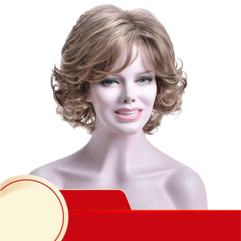 Pelucas sintéticas cortas para mujer, peluca rizada marrón sin pegamento con flequillo, aspecto natural, peluca para fiestas de disfraces de niñas y familias.
