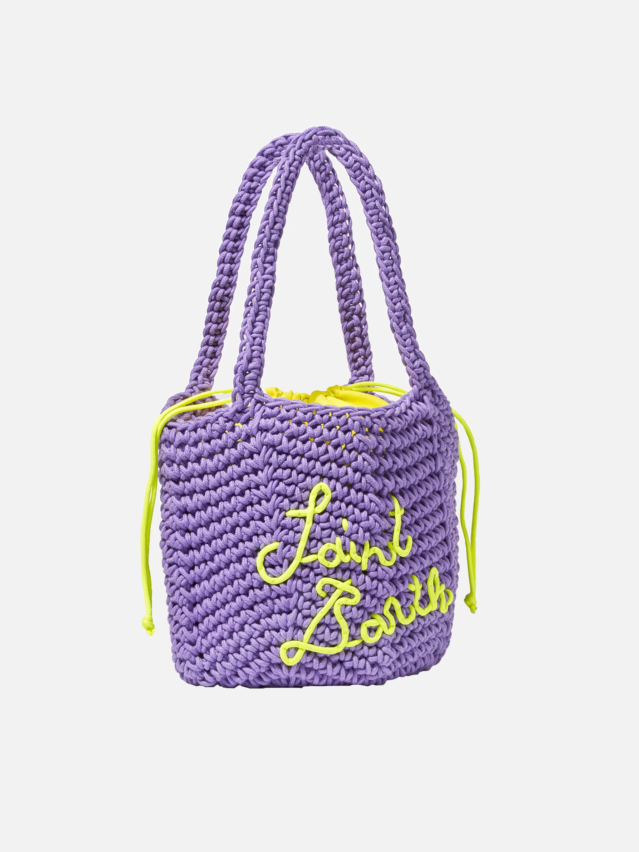 Paarse gehaakte schoudertas met gele Saint Barth-borduurwerk | Uitneembaar binnenvakje | 25 x 27 x 20 cm | MC2 Saint Barth