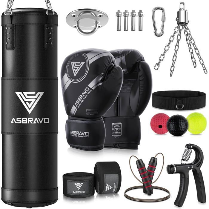 Saco de boxeo pesado para adultos de 120 cm - Kit con guantes de boxeo de 340 g y vendas de mano de 5 m - para entrenamiento de MMA, kárate y taekwondo