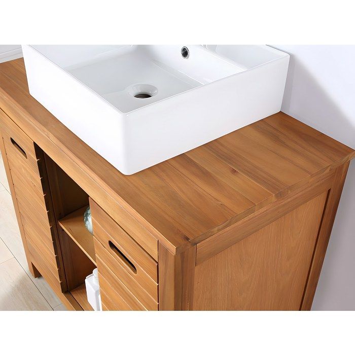 Mueble de baño de madera de acacia con lavabo individual y espejo - 90 cm - PULUKAN