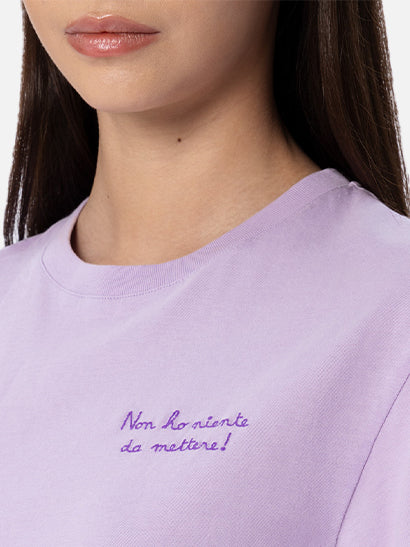 Emilie dames T-shirt met ronde hals, lila katoenjersey, met borduurwerk