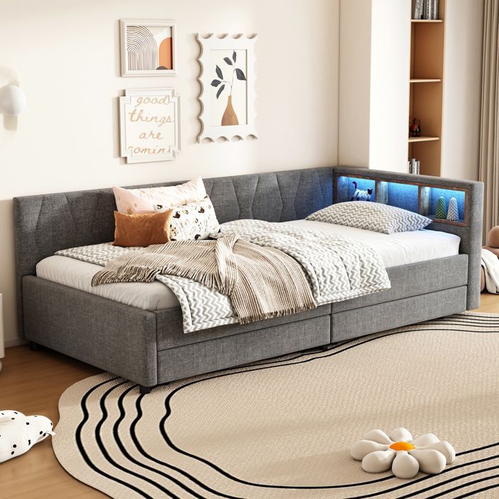 Banquette Lit Lin Gris 90x200 cm avec LED Télécommande, Prises USB Type-C, 2 Tiroirs et Rangement Tête de Lit, Canapé Convertible