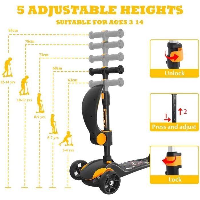 3-in-1 Scooter for Children - BremToy - Yellow and Black - Height-Adjustable Handlebars - LED Wheels