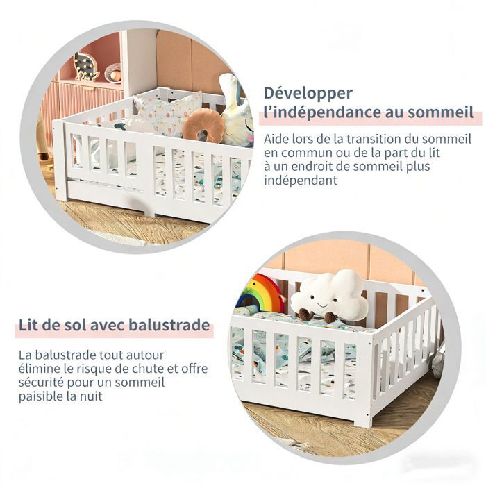 Letto per bambini 90x200 - Letto a pavimento per bambini con sponde di sicurezza - Legno massello di pino - Letto basso Montessori con base a doghe - Bianco