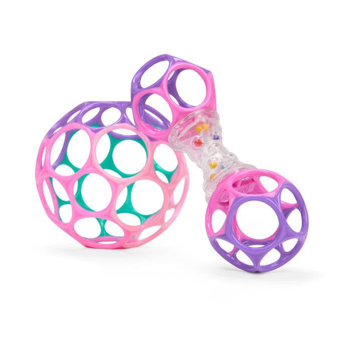 BRIGHT STARTS Coffret cadeau de naissance fille O'Ball avec 2 jouets bébé: un hochet et une O Ball Rose, Violet, Turquoise