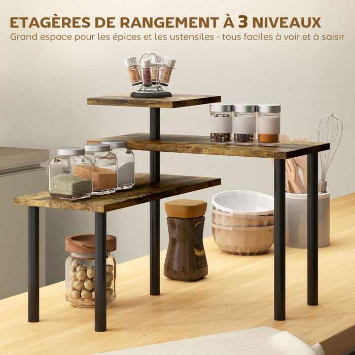Estantería de cocina - HOMCOM - giratoria - 3 niveles - estructura metálica - 40 x 18 x 36,5 cm - marrón rústico