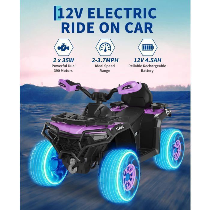 Coche eléctrico infantil de 12 V - 2 motores de 35 W, mando a distancia, luces LED, música, Bluetooth, USB, bandera luminosa, a partir de 3 años - Morado