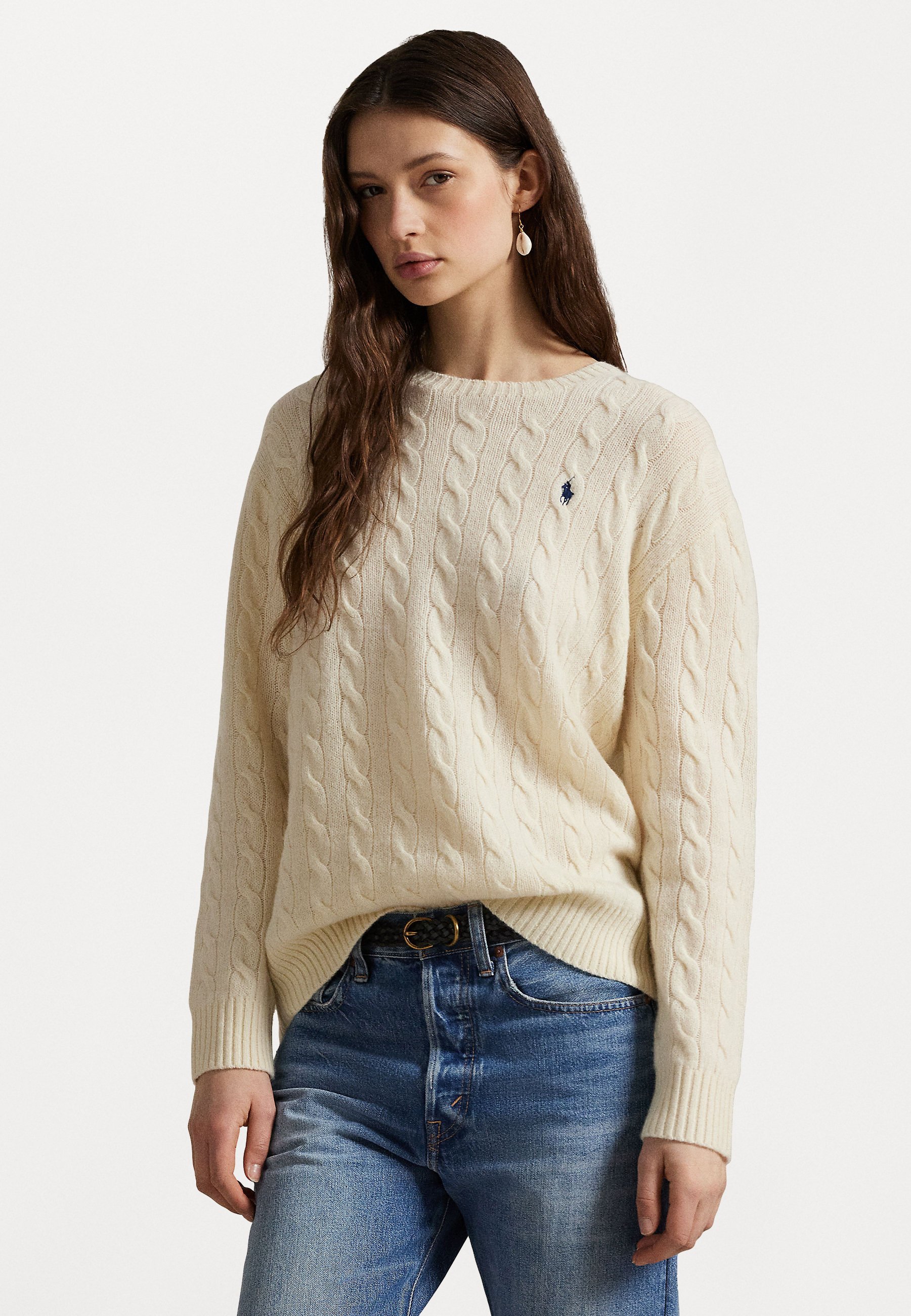 Polo Ralph Lauren Maglione girocollo in cashmere e lana a trecce - Maglione - crema autentica