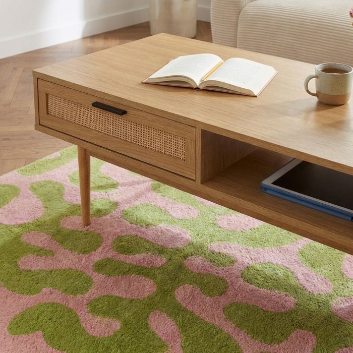 Mesa de centro AMANA con efecto roble y estructura de ratán, 115 cm - Madera