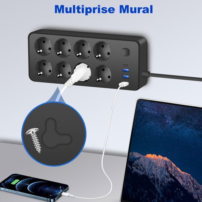 Regleta con interruptor - UPLAYTECK - 12 tomas de corriente - 8 tomas europeas - 3 puertos USB-A - 1 puerto USB-C