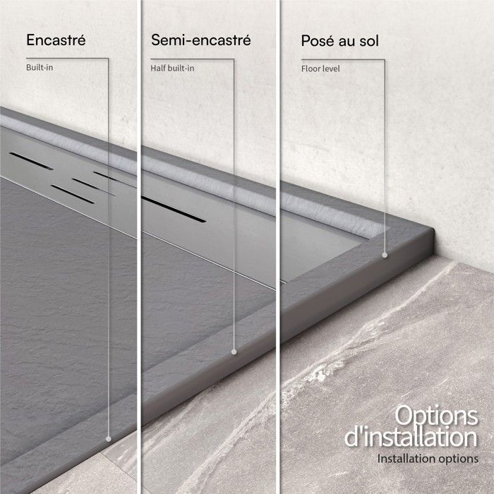 HIEMAL INOX Stone look shower tray + colored stainless steel drain - Grey, Model - 80 x 120 cm