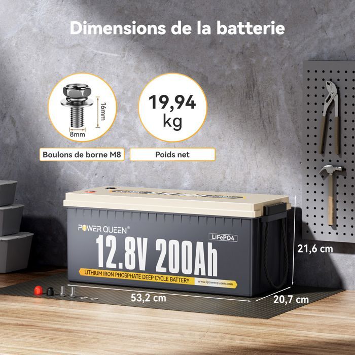 Power Queen Batterie Lithium LiFePO4 12V 200Ah 2560Wh avec BMS 100A pour Camping-car, Caravane, Voyage, Marine, Système Solaire