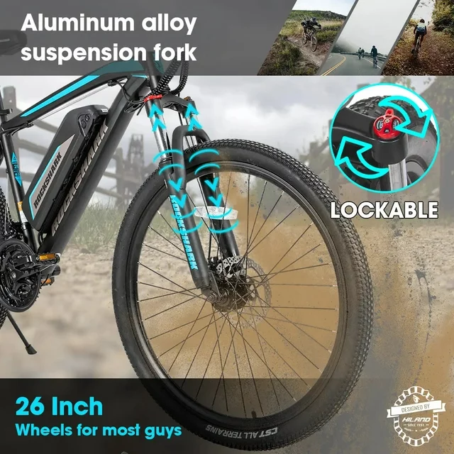 Hiland Rockshark Elektrofahrrad, elektrisches Mountainbike, Aluminium, 26/27,5 Zoll, 350 W, 32 km/h, E-Bike für Erwachsene, Shimano 21-Gang-Schaltung, Scheibenbremsen, Federgabel mit herausnehmbarem 36-V-10,4-Ah-Akku