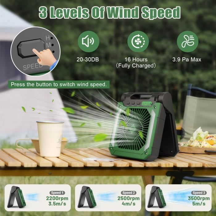 Ventilateur de Table Silencieux avec Lumière LED Ventilateur Portable Rechargeable 20000mAh, Ventilateur solaire Pour Camping Vert