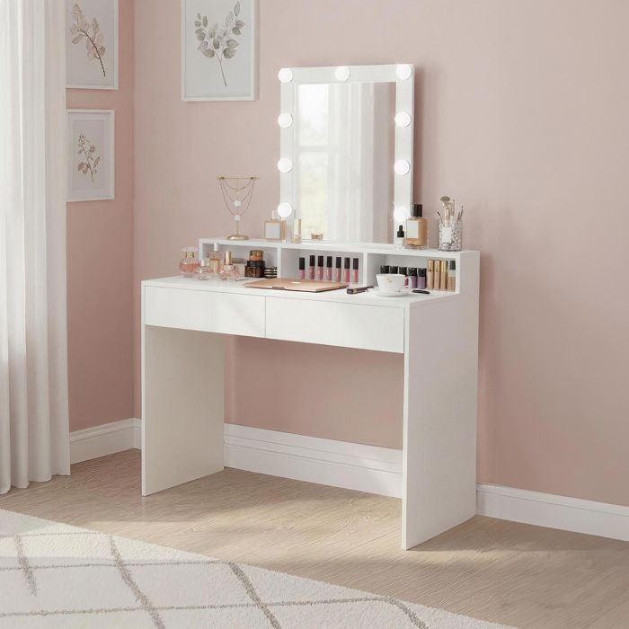 Coiffeuse, Miroir LED à Luminosité Réglable, 2 Tiroirs et 3 Compartiments, 100 x 40 x 145 cm, Blanc