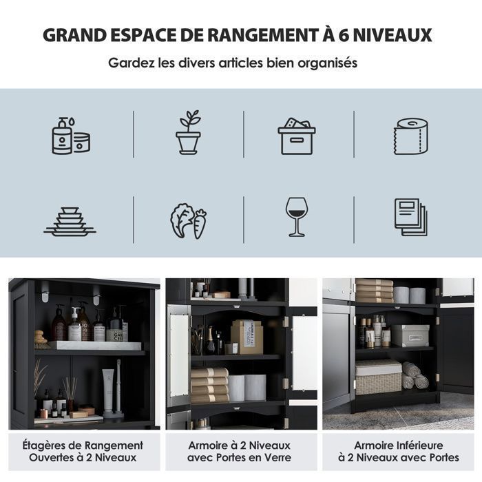 COSTWAY Colonne Salle de Bain avec 4 Portes 2 Compartiments Ouverts, Armoire Salle de Bain, Étagères Réglables, 60x30x163 cm, Noir