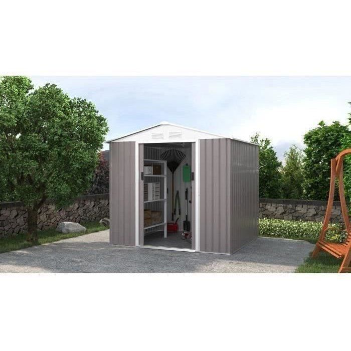 Abri de jardin en métal 4,07 m² - 213 x 191 x 195 cm - MARS -Kit d'ancrage inclus, 2 portes coulissantes - Taupe