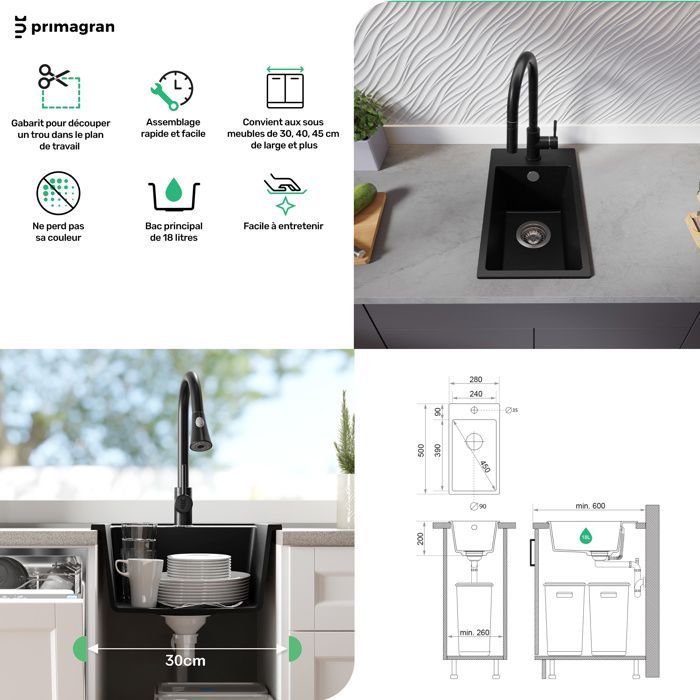 PRIMAGRAN Evier Cuisine en Granit Blanc 28x50cm, Lavabo 1 bac + Kit de Vidage, Évier à Encastrer au meuble 30cm - Riga