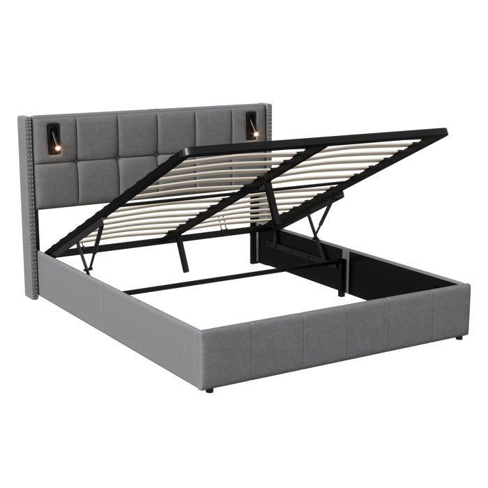 Cama con almacenamiento de 160 x 200 cm, cama de 160 x 200 cm con somier de láminas, cama doble, estructura de cama, con lámpara de lectura de mesilla, gris, terciopelo