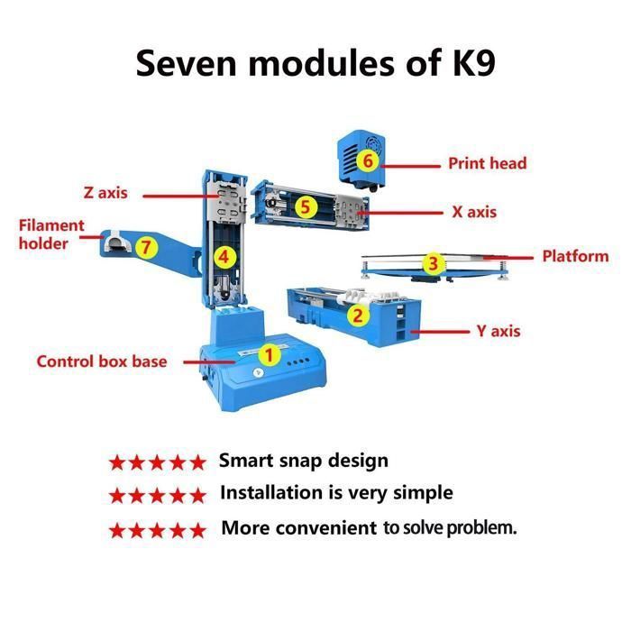 BAZARLAND30.Imprimante 3D K9 pour Débutants, Mini Machine d'Impression 3D, Faible Bruit, Compatible avec WiPrintPLA TPU, 1.75mm