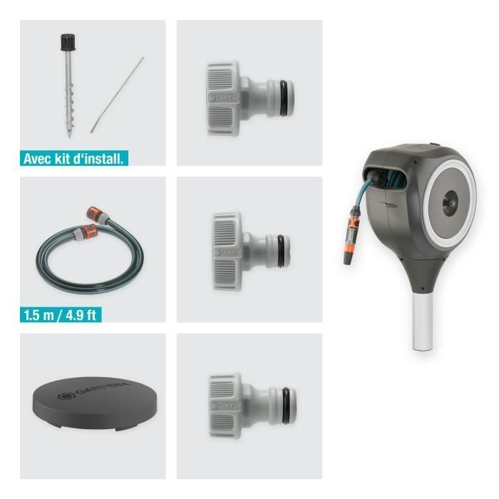 GARDENA RollUp S 15m Automatic Hose Reel with White Trim - Complete Kit - 5 Year Warranty