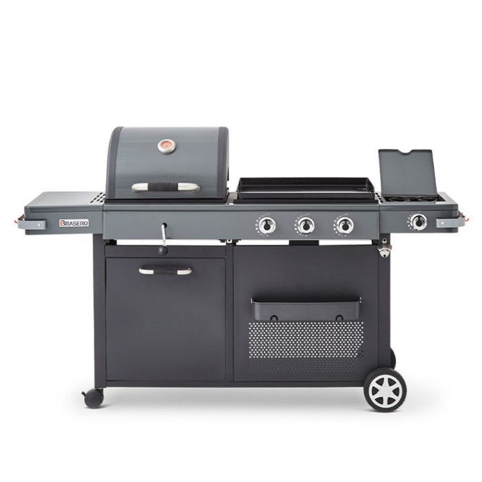 Barbecue Plancha Bi-Energy XL Gaz & Charbon – BRASERO BY FAVEX - 14 convives – 3 brûleurs 10,8 kW – Plancha fonte 60 x 42 cm – Houss