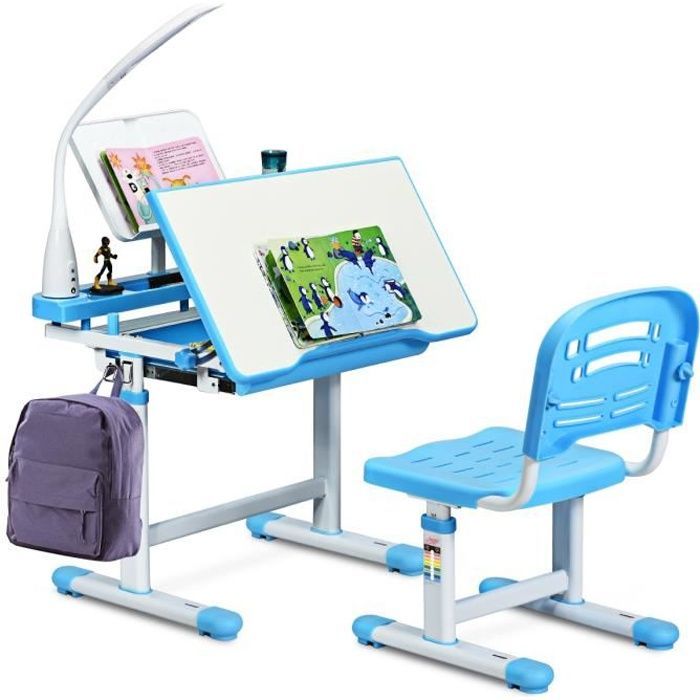 Conjunto de escritorio y silla infantil COSTWAY con altura ajustable (inclinación de 0 a 40°) y mesa de dibujo con 1 cajón, color azul.