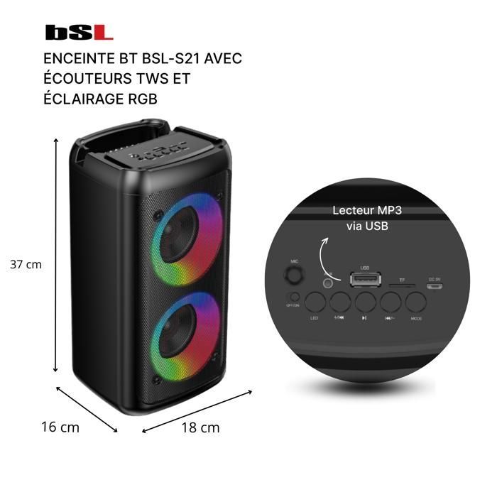 Enceinte Bluetooth BSL-S21 20W avec TWS, Karaoké et éclairage RGB | USB-C | Microphone inclus