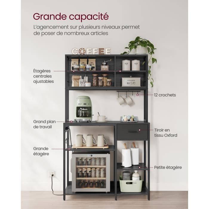 Carrito de cocina - VASAGLE - Estantería de cocina con regleta - Estantes ajustables, gris antracita y negro tinta