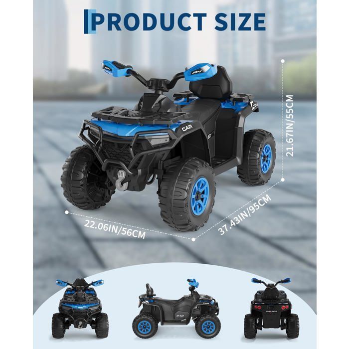 Coche eléctrico infantil 4x4 tipo buggy, 12 V, velocidad máxima de 6 km/h, suspensión, faro LED, Bluetooth, música, azul.