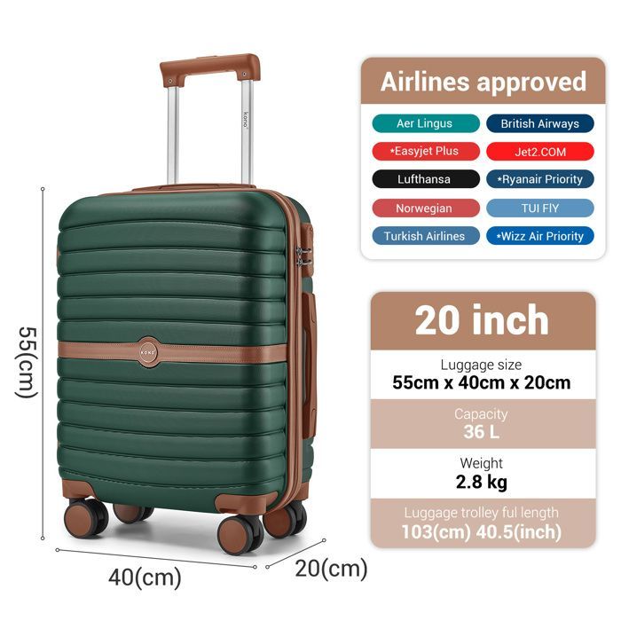 Maleta de cabina Kono, tamaño 55x40x20 cm, carcasa rígida de ABS+PC, maleta de viaje pequeña con 4 ruedas y cerradura, carrito de viaje, 36 L, azul