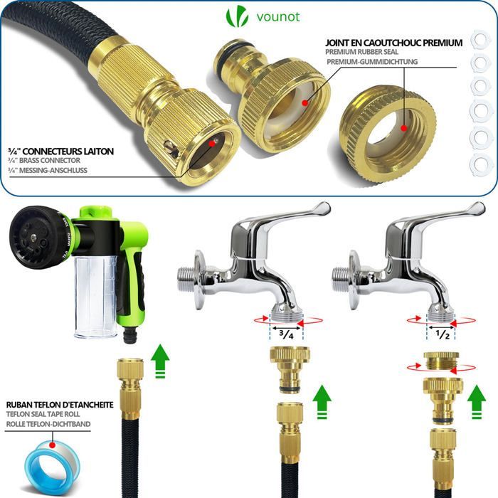 VOUNOT® Tuyau d'arrosage extensible renforcé 30m noir avec récipient savon - 8 modes - raccord et sac de rangement inclus