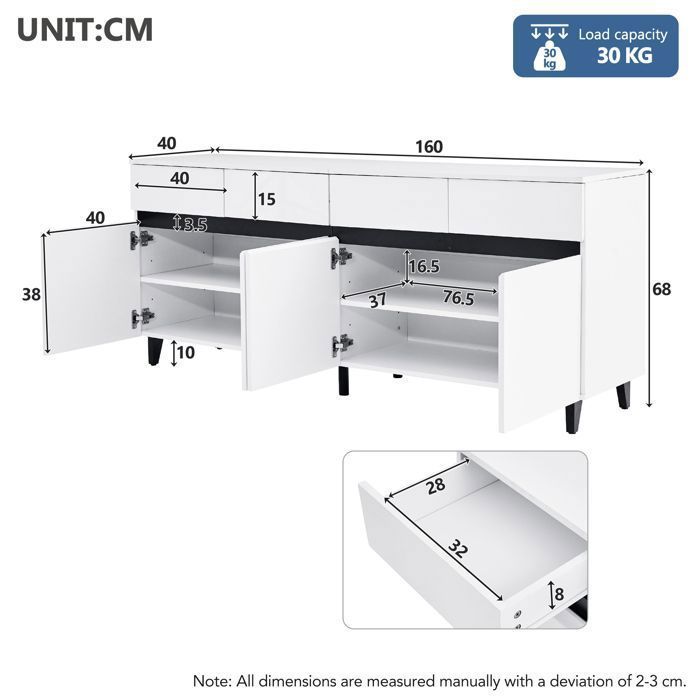 Credenza bianca lucida da 160 cm, mobile contenitore moderno con ripiani regolabili, 4 cassetti e 4 ante, ideale per soggiorno e sala da pranzo.