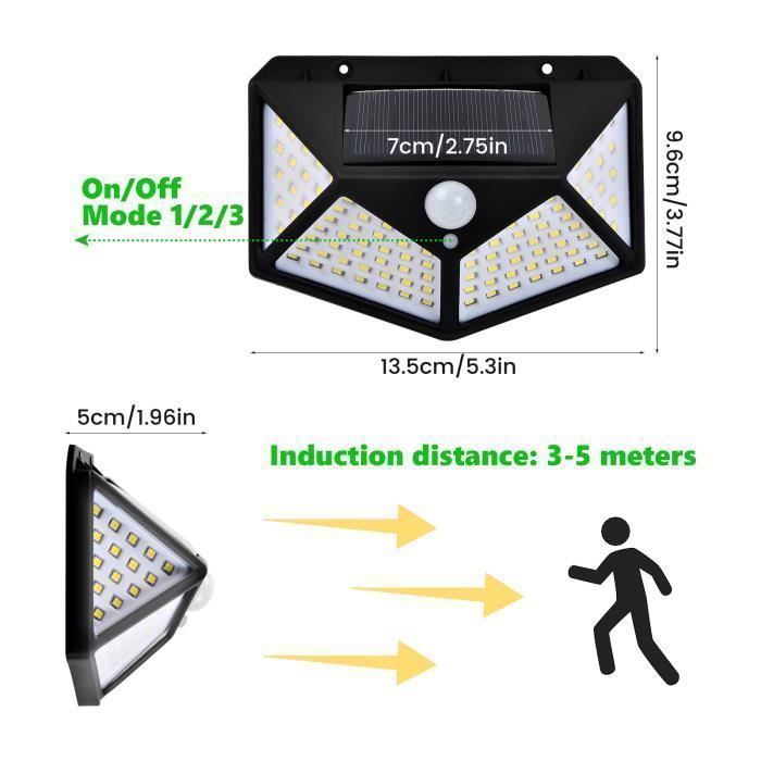 Conjunto de 2 Luminárias Solares Externas com 100 LEDs - Sensor de Movimento - Ângulo de Feixe de 270° - Pretas