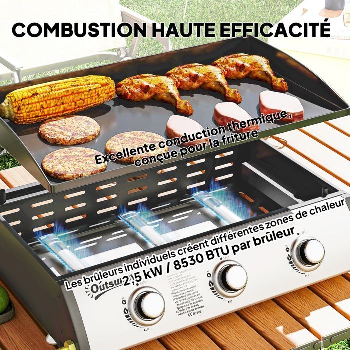 Gas griddle - Outsunny - 3 burners 7.5 kW - cooking surface 61 x 35.5 cm - with lid - liquefied gas/propane - black