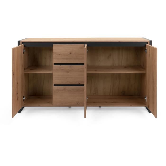 DENVER Buffet with 3 doors and 3 drawers - Artisan oak finish / Anthracite - W 160 x D 40 x H 88 cm