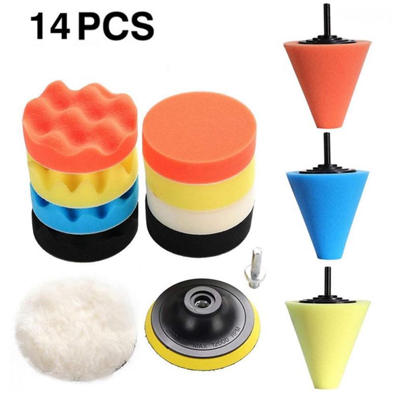 14-teiliges Autopolierset mit Polierpads (6 mm), Felgenpolierkegeln und Polierschwämmen (inkl. Wasch- und Reinigungspads für Radnaben).