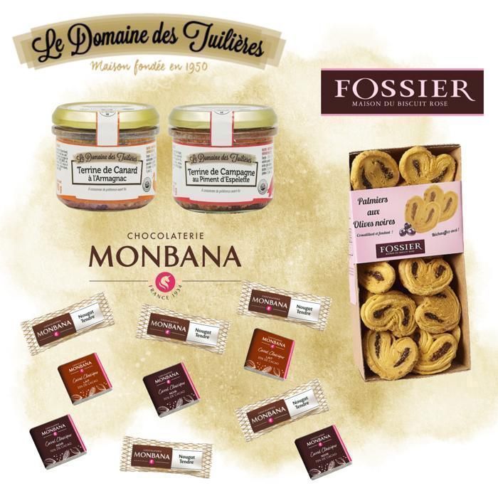 Coffret garni d'un assortiment de Terrines, Feuilletés Fossier et Gourmandises Monbana | Idée cadeau Fête des Grands-Mères