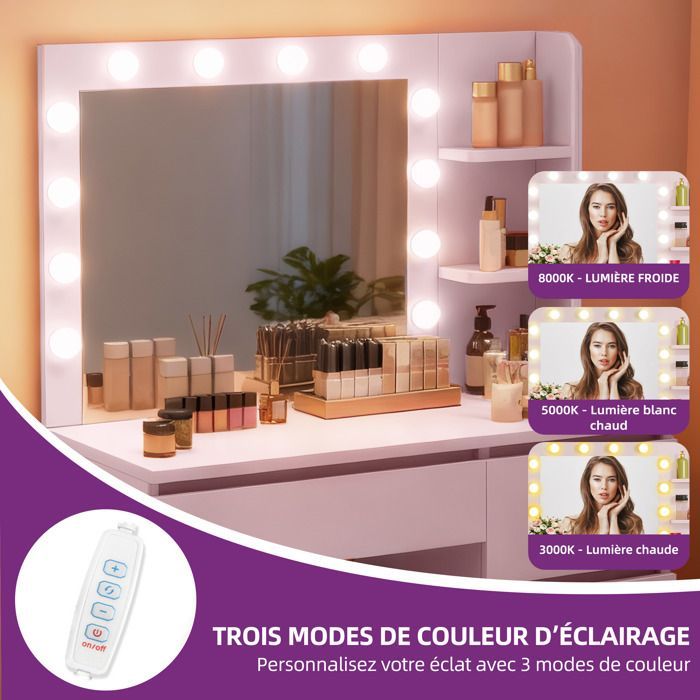 Coiffeuse avec Miroirs BALCONERA - avec éclairage LED- 4 Tiroirs- 3 Couleur réglable- Rose