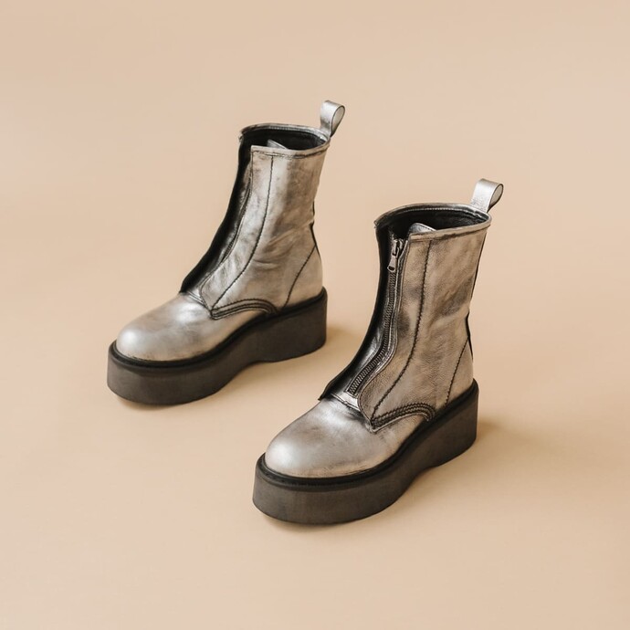 Bottines à plateformes et fermetures frontales  en cuir vieilli argent