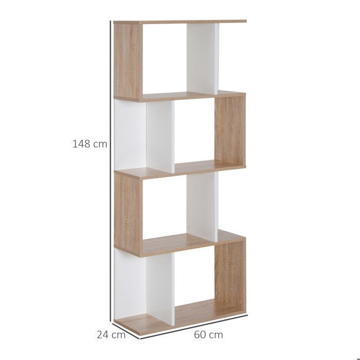 Estantería - HOMCOM - Mueble de almacenamiento en forma de S de 4 niveles para salón/dormitorio - Madera - 60x24x148cm - Blanco natural