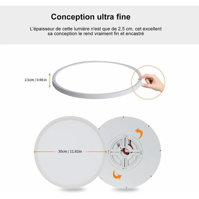 DELIPOP Plafonnier LED moderne 24W 6000K IP44 étanche Rond Lampe de plafond pour salle de bain chambre cuisine Salon - Blanc