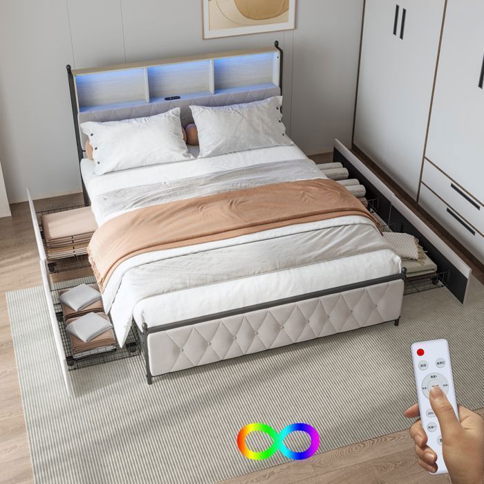 Cama adulta de 180x200 cm - Cama con almacenamiento y 4 cajones - Cama tapizada con iluminación LED y puertos USB - Andeonline - Terciopelo beige