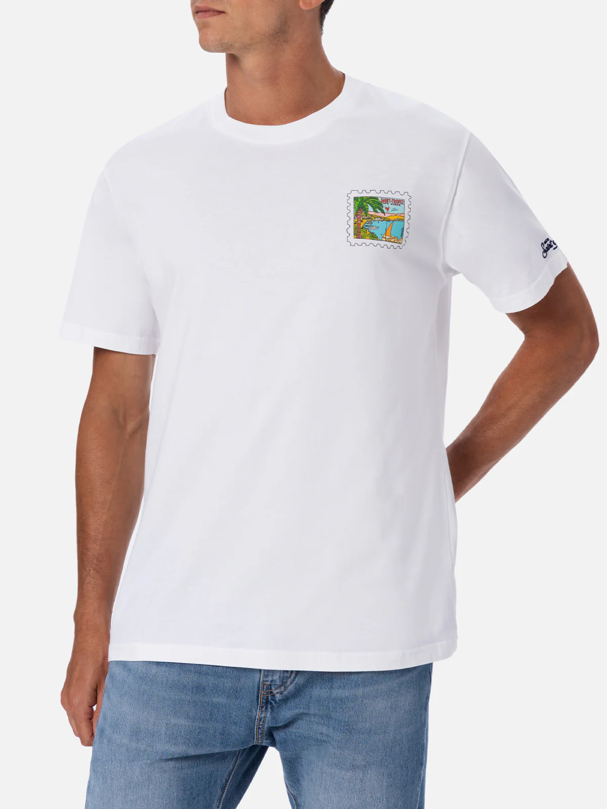 Heren katoenen T-shirt met een ansichtkaartprint van Saint-Tropez op de voor- en achterkant.