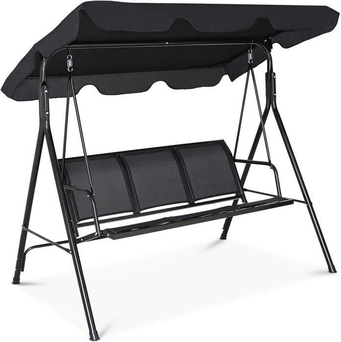 Columpio de jardín GOPLUS de 3 plazas, 170x120x153 cm, con toldo ajustable, tejido Textilene/estructura de acero, negro.