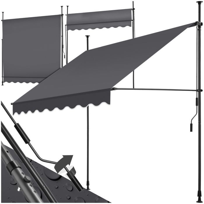 Store banne de jardin - TECTAKE - Store à pince sans perçage avec manivelle réglable en hauteur - Noir/Gris - 200 x 180 cm
