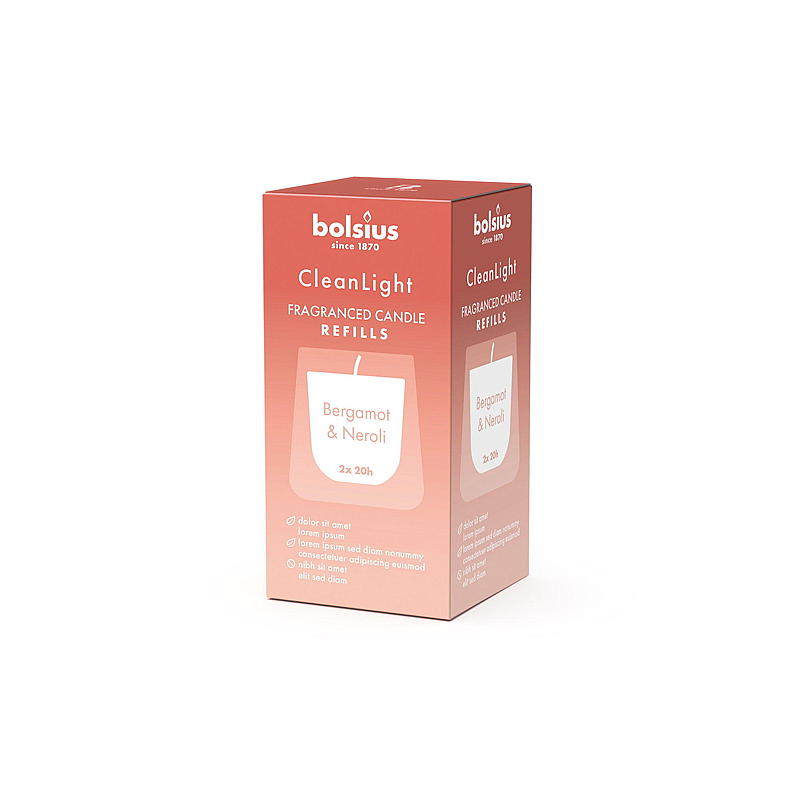 Bolsius Clean Light, paquete de 2 recambios con bergamota y neroli.