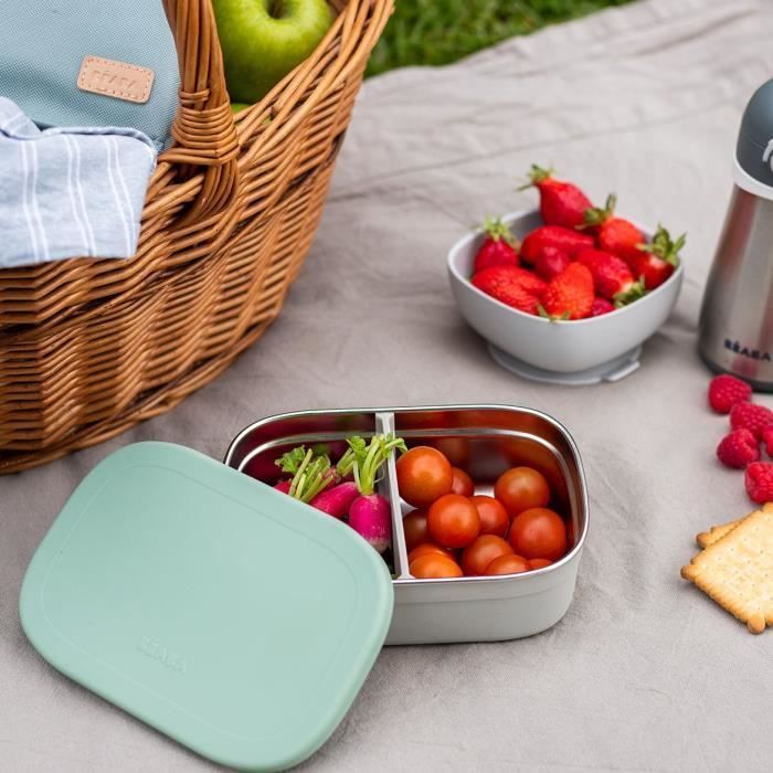 BEABA, portapranzo per bambini in acciaio inox con coperchio in silicone e copertura protettiva, grigio velluto e verde salvia