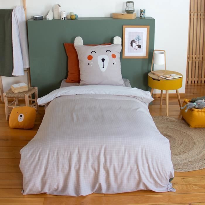 Children's 140x200 cm Bedding Set - Duvet Cover + Pillowcase with Forest Animals, Green and Beige, with Soft Toy Pocket