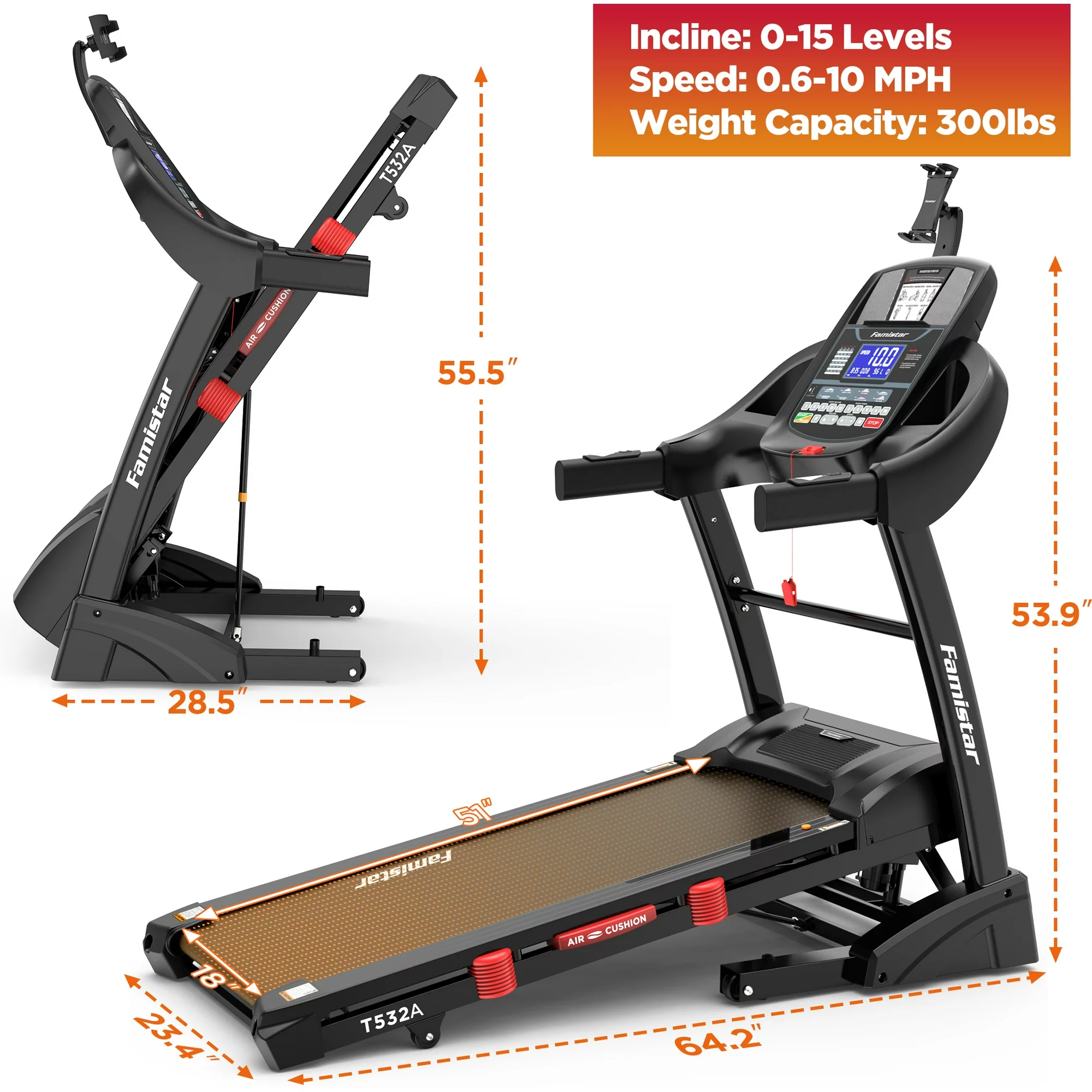 Famistar Clearance Πτυσσόμενος Διάδρομος για το Σπίτι με 15 Επίπεδα Αυτόματης Κλίσης, Χωρητικότητα 300LB, Ρυθμιστές Γρήγορης Ταχύτητας 10MPH, Φορητός Διάδρομος Τρεξίματος, Βάδισμα, 4.5HP, Δώρο Ιμάντας Γόνατος